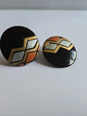 Vintage 1980s Black Geometric Button Clip On Earrings, Gold Silver Metallic Art